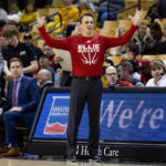 
              SIU-Edwardsville coach Brian Barone argues a call during the first half of the team's NCAA college basketball game against Missouri on Tuesday, Nov. 15, 2022, in Columbia, Mo. (AP Photo/L.G. Patterson)
            