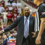 
              Indiana coach Mike Woodson talks to a referee during the first half of the team's NCAA college basketball game against Bethune-Cookman, Thursday, Nov. 10, 2022, in Bloomington, Ind. (AP Photo/Doug McSchooler)
            