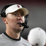 
              Southern California head coach Lincoln Riley stands on the sideline during the second half of an NCAA college football game against Notre Dame Saturday, Nov. 26, 2022, in Los Angeles. (AP Photo/Mark J. Terrill)
            