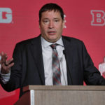 
              FILE - Ohio State women's head coach Kevin McGuff speaks during Big Ten NCAA college basketball Media Days Wednesday, Oct. 12, 2022, in Minneapolis. The NCAA is allowing teams to play and practice on election day after making it a mandatory off day the past two years for athletes to participate in civic engagement. No. 5 Tennessee visits 14th-ranked Ohio State.“ Much of it had to do with availability here and what worked for both us and Tennessee," McGuff said. (AP Photo/Bruce Kluckhohn, File)
            