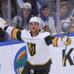 
              Vegas Golden Knights center Jack Eichel celebrates his goal against the Buffalo Sabres during the third period of an NHL hockey game Thursday, Nov. 10, 2022, in Buffalo, N.Y. (AP Photo/Jeffrey T. Barnes)
            