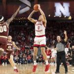 
              Nebraska's C.J. Wilcher (0) shoots against Boston College's Chas Kelley III (00) during the first half of an NCAA college basketball game Wednesday, Nov. 30, 2022, in Lincoln, Neb. (AP Photo/Rebecca S. Gratz)
            