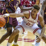 
              Indiana forward Trayce Jackson-Davis (23) reaches for the ball from under the basket during the second half of an NCAA college basketball game against Bethune-Cookman, Thursday, Nov. 10, 2022, in Bloomington, Ind. (AP Photo/Doug McSchooler)
            
