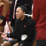 
              South Carolina head coach Dawn Staley talks during a timeout in the second half of an NCAA college basketball game, Tuesday, Nov. 22, 2022, San Luis Obispo, Calif. (AP Photo/Nic Coury)
            