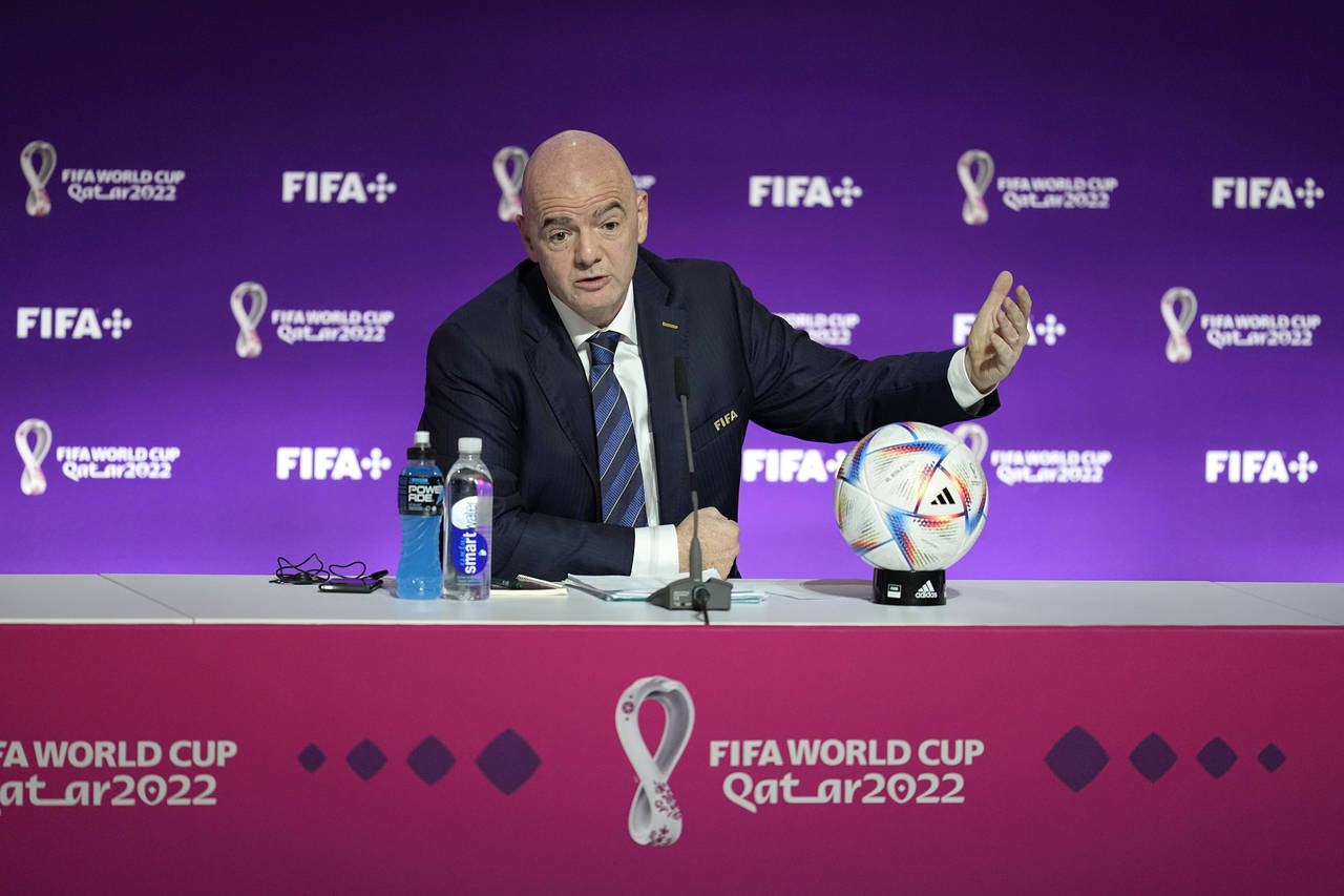 FIFA President Gianni Infantino speaks at a press conference Saturday, Nov. 19, 2022 in Doha, Qatar...