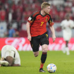 
              Belgium's Kevin De Bruyne in action during the World Cup group F soccer match between Belgium and Canada, at the Ahmad Bin Ali Stadium in Doha, Qatar, Wednesday, Nov. 23, 2022. (AP Photo/Darko Bandic)
            
