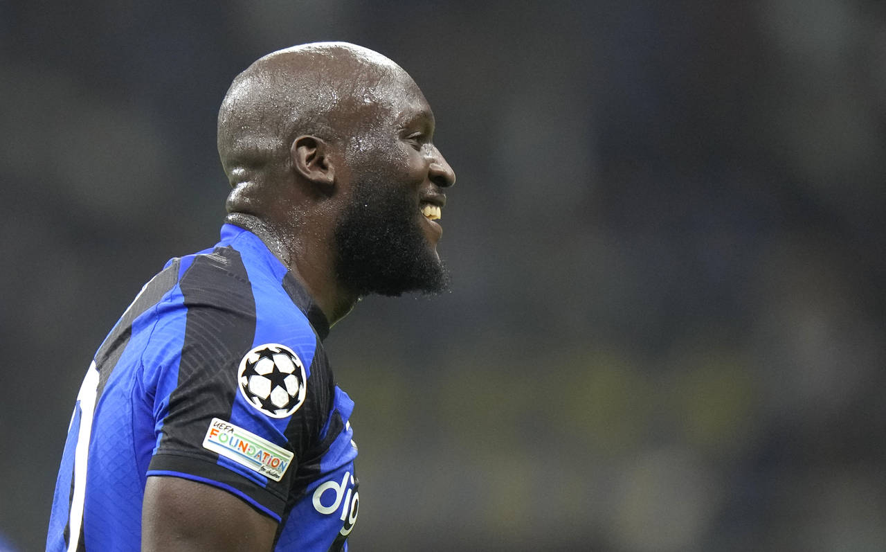 Inter Milan's Romelu Lukaku celebrates after scoring his side's fourth goal during the Champions Le...