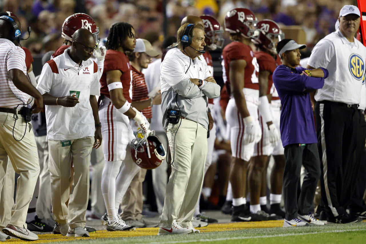 Alabama head coach Nick Saban reacts to a play during the first half of an NCAA college football ga...