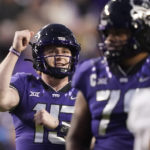 
              TCU quarterback Max Duggan reacts to throwing touchdown pass during the second half of an NCAA college football game against Iowa State in Fort Worth, Texas, Saturday, Nov. 26, 2022. TCU won 62-14. (AP Photo/LM Otero)
            