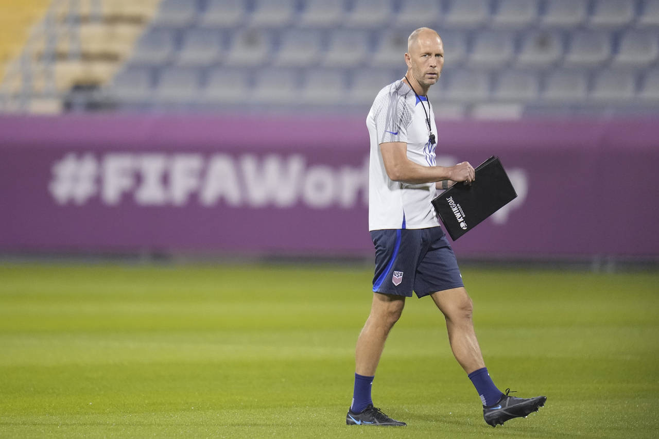 Head coach Gregg Berhalter of the United States walks on the pitch during an official training sess...