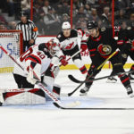 
              Ottawa Senators centre Derick Brassard (61) watches his shot on New Jersey Devils goaltender Akira Schmid (40) hit the back of the net during the second period of an NHL hockey game in Ottawa, Ontario, on Saturday, Nov. 19, 2022. (Justin Tang/The Canadian Press via AP)
            