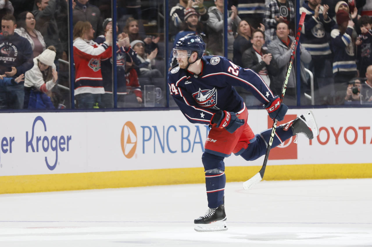 Columbus Blue Jackets' Mathieu Olivier celebrates after his goal against the Montreal Canadiens dur...