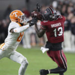 
              South Carolina wide receiver Jalen Brooks (13) makes a catch next to Tennessee defensive back Brandon Turnage (8) during the first half of an NCAA college football game Saturday, Nov. 19, 2022, in Columbia, S.C. (AP Photo/Artie Walker Jr.)
            