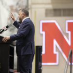 
              New Nebraska NCAA college football coach Matt Rhule waves at the conclusion of an introductory press conference, Monday, Nov. 28, 2022, in Lincoln, Neb. (AP Photo/Rebecca S. Gratz)
            