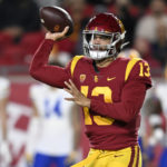 
              Southern California quarterback Caleb Williams throws a pass against California during the first quarter of an NCAA college football game Saturday, Nov. 5, 2022, in Los Angeles. (AP Photo/John McCoy)
            
