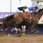 
              Cody's Wish past Florent Geroux on Cyberknife to win the Breeders' Cup Dirt Mile race at the Keenelend Race Course, Saturday, Nov. 5, 2022, in Lexington, Ky. (AP Photo/Darron Cummings)
            