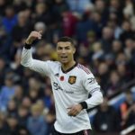 
              Manchester United's Cristiano Ronaldo gestures during the English Premier League soccer match between Aston Villa and Manchester United at Villa Park in Birmingham, England, Sunday, Nov. 6, 2022. (AP Photo/Rui Vieira)
            