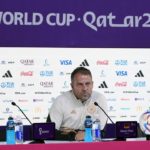 
              Germany's head coach Hansi Flick attends a news conference on the eve of the group E World Cup soccer match between Germany and Spain, in Doha, Qatar, Saturday, Nov. 26, 2022. Germany will play the second match against Spain on Sunday, Nov. 27. (AP Photo/Matthias Schrader)
            