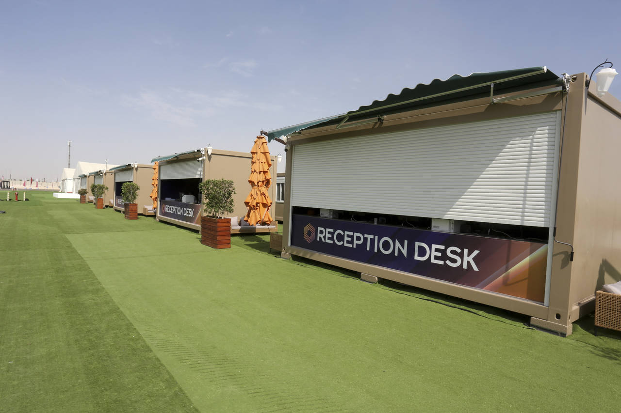 A reception area of a fan village is seen Thursday, Nov. 10, 2022 in Doha, Qatar. Qatar unveiled a ...