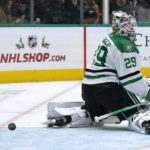 
              Dallas Stars goaltender Jake Oettinger gives up a goal to Chicago Blackhawks' Seth Jones during the second period of an NHL hockey game in Dallas, Wednesday, Nov. 23, 2022. (AP Photo/LM Otero)
            