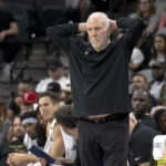 
              San Antonio Spurs coach Gregg Popovich reacts to a turnover during the first half of the team's NBA basketball game against the Los Angeles Clippers, Friday, Nov. 4, 2022, in San Antonio. (AP Photo/Nick Wagner)
            