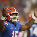 
              Florida quarterback Anthony Richardson (15) celebrates after a touchdown against South Carolina during the second half of an NCAA college football game, Saturday, Nov. 12, 2022, in Gainesville, Fla. (AP Photo/Matt Stamey)
            