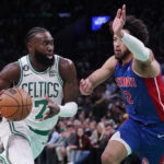 
              Boston Celtics guard Jaylen Brown (7) drives to the basket against Detroit Pistons during first half of an NBA basketball game, Wednesday, Nov. 9, 2022, in Boston. (AP Photo/Charles Krupa)
            