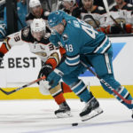 
              San Jose Sharks center Tomas Hertl (48) skates toward the puck in front of Anaheim Ducks right wing Jakob Silfverberg during the second period of an NHL hockey game in San Jose, Calif., Tuesday, Nov. 1, 2022. (AP Photo/Jeff Chiu)
            