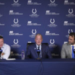 
              Indianapolis Colts owner Jim Irsay, middle, speaks as general manager Chris Ballard, left, and interim coach Jeff Saturday listen during a news conference at the NFL football team's practice facility Monday, Nov. 7, 2022, in Indianapolis. (AP Photo/Darron Cummings)
            