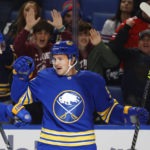 
              Buffalo Sabres left wing Jeff Skinner (53) celebrates his goal with defenseman Rasmus Dahlin (26) during the first period of an NHL hockey game against the Vancouver Canucks, Tuesday, Nov. 15, 2022, in Buffalo, N.Y. (AP Photo/Jeffrey T. Barnes)
            