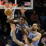 
              Minnesota Timberwolves guard Anthony Edwards (1) passes under pressure from Memphis Grizzlies center Anthony Edwards (4) in the first quarter of an NBA basketball game Wednesday, Nov. 30, 2022, in Minneapolis. (AP Photo/Andy Clayton-King)
            