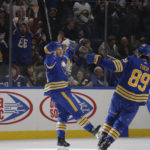 
              Buffalo Sabres left wing Jeff Skinner (53) and right wing Alex Tuch (89) celebrate after Skinner scored a goal during the third period of an NHL hockey game against the Tampa Bay Lightning, Monday, Nov. 28, 2022, in Buffalo, N.Y. (AP Photo/Joshua Bessex)
            