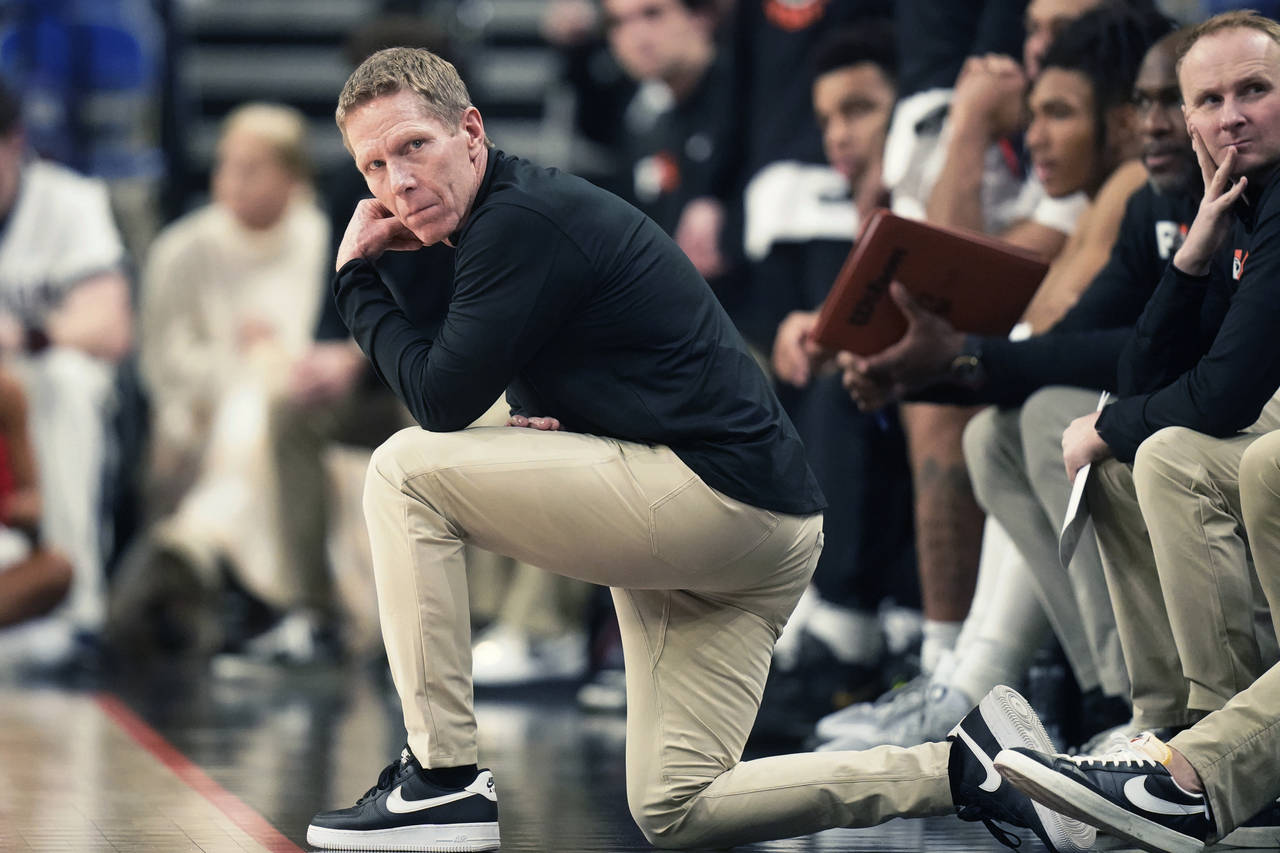 Gonzaga coach Mark Few watches during the first half of the team's NCAA college basketball game aga...