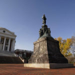 
              A statue of University of Virginia founder, Thomas Jefferson, stands watch over the Rotunda near the scene of an overnight shooting at the University of Virginia Monday, Nov. 14, 2022, in Charlottesville. Va. (AP Photo/Steve Helber)
            