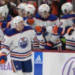 
              Edmonton Oilers defenseman Tyson Barrie (22) is congratulated after scoring a goal during the second period of an NHL hockey game against the Florida Panthers, Saturday, Nov. 12, 2022, in Sunrise, Fla. (AP Photo/Lynne Sladky)
            