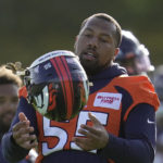 
              Denver Broncos Bradley Chubb attends a practice session in Harrow, England, Wednesday, Oct. 26, 2022 ahead the NFL game against Jacksonville Jaguars at the Wembley stadium on Sunday. (AP Photo/Kin Cheung)
            