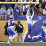 
              Duke wide receiver Jordan Moore (8) misses a pass for a two-point conversion attempt against Pittsburgh during the second half of an NCAA college football game, Saturday, Nov. 19, 2022, in Pittsburgh. Pittsburgh won 28-26. (AP Photo/Keith Srakocic)
            