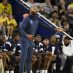 
              Jackson State Tigers head coach Mo Williams watches his team play against Michigan in the first half of an NCAA college basketball game, Wednesday, Nov. 23, 2022, in Ann Arbor, Mich. (AP Photo/Jose Juarez)
            