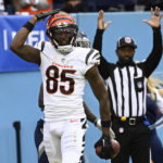 
              Cincinnati Bengals wide receiver Tee Higgins (85) celebrates his touchdown catch against the Tennessee Titans during the second half of an NFL football game, Sunday, Nov. 27, 2022, in Nashville, Tenn. (AP Photo/Mark Zaleski)
            