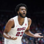 
              SMU forward Efe Odigie reacts after he was ruled out of bound during the first half of the team's NCAA college basketball game against Dayton, Friday, Nov. 11, 2022, in Dayton, Ohio. (AP Photo/Joshua A. Bickel)
            