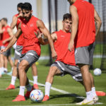 
              Switzerland's defender Eray Coemert, left, and Switzerland's midfielder Ardon Jashari, right, attend a closed training session of Swiss national soccer team on the eve of the FIFA World Cup Qatar 2022 soccer match against Cameroon at the University of Doha for Science and Technology training facilities, in Doha, Qatar, Wednesday, Nov. 23, 2022. The Swiss national soccer team will play in group G of the FIFA World Cup Qatar 2022. (Laurent Gillieron/Keystone via AP)
            