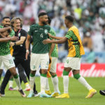 
              Saudi Arabia's head coach Herve Renard, third from the left, celebrates with players at the end of the World Cup group C soccer match between Argentina and Saudi Arabia at the Lusail Stadium in Lusail, Qatar, Tuesday, Nov. 22, 2022. (AP Photo/Ebrahim Noroozi)
            
