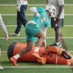 
              Miami Dolphins linebacker Bradley Chubb (2) runs through practice drills during NFL football practice in Miami Gardens, Fla., Wednesday, Nov. 2, 2022. (Al Diaz/Miami Herald via AP)
            
