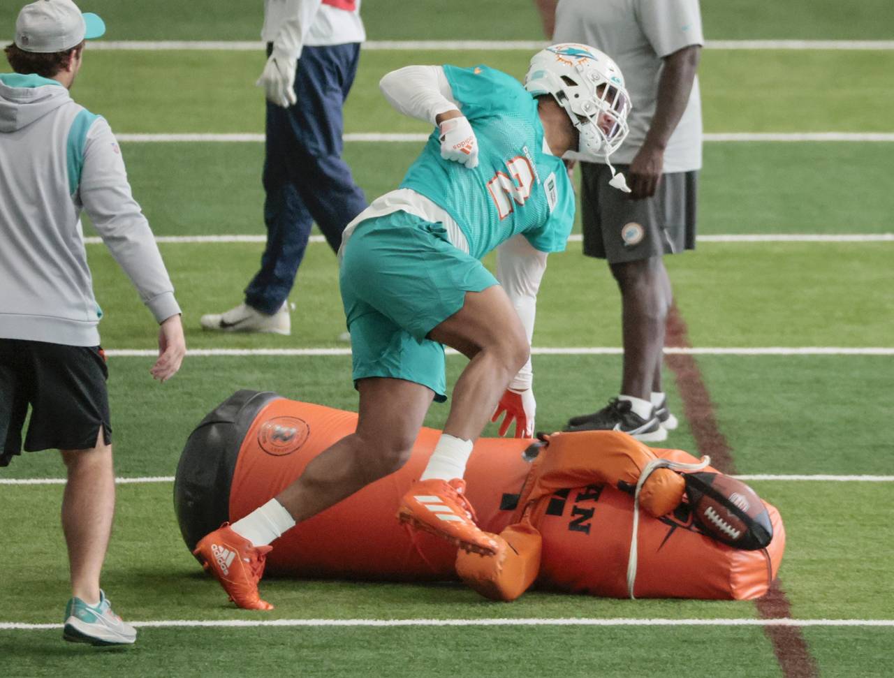 Miami Dolphins linebacker Bradley Chubb (2) runs through practice drills during NFL football practi...