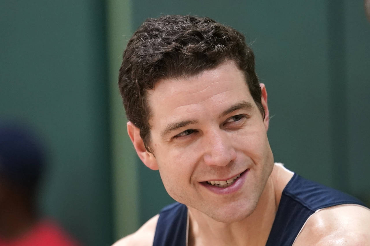 Jimmer Fredette speaks during an interview after practice for the USA Basketball 3x3 national team,...