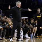 
              Iowa coach Fran McCaffery reacts to a call during the first half of the team's NCAA college basketball game against Seton Hall on Wednesday, Nov. 16, 2022, in Newark, N.J. (AP Photo/Adam Hunger)
            