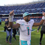 
              Miami Dolphins quarterback Tua Tagovailoa gives two thumbs up as he walks off the field after the Dolphins beat the Bears 35-32 in an NFL football game, Sunday, Nov. 6, 2022 in Chicago. (AP Photo/Charles Rex Arbogast)
            