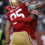 
              San Francisco 49ers wide receiver Jauan Jennings, right, is congratulated by tight end George Kittle (85) after catching a touchdown pass during the first half of an NFL football game against the New Orleans Saints in Santa Clara, Calif., Sunday, Nov. 27, 2022. (AP Photo/Jed Jacobsohn)
            