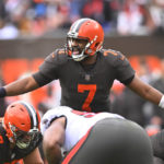 
              Cleveland Browns quarterback Jacoby Brissett (7) calls signals during the first half of an NFL football game against the Tampa Bay Buccaneers in Cleveland, Sunday, Nov. 27, 2022. (AP Photo/David Richard)
            