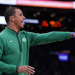 
              Boston Celtics head coach Joe Mazzulla calls to his players during first half of an NBA basketball game against the Detroit Pistons, Wednesday, Nov. 9, 2022, in Boston. (AP Photo/Charles Krupa)
            